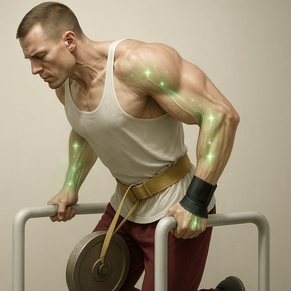 A man doing a dip exercise with shoulder, arm, and elbow joints highlighted in green, adorned with small positive energy symbols like green stars or sparkles on the areas to indicate health and regeneration. Hyper-realistic style with anatomical details, clinical atmosphere, and light background. emoji