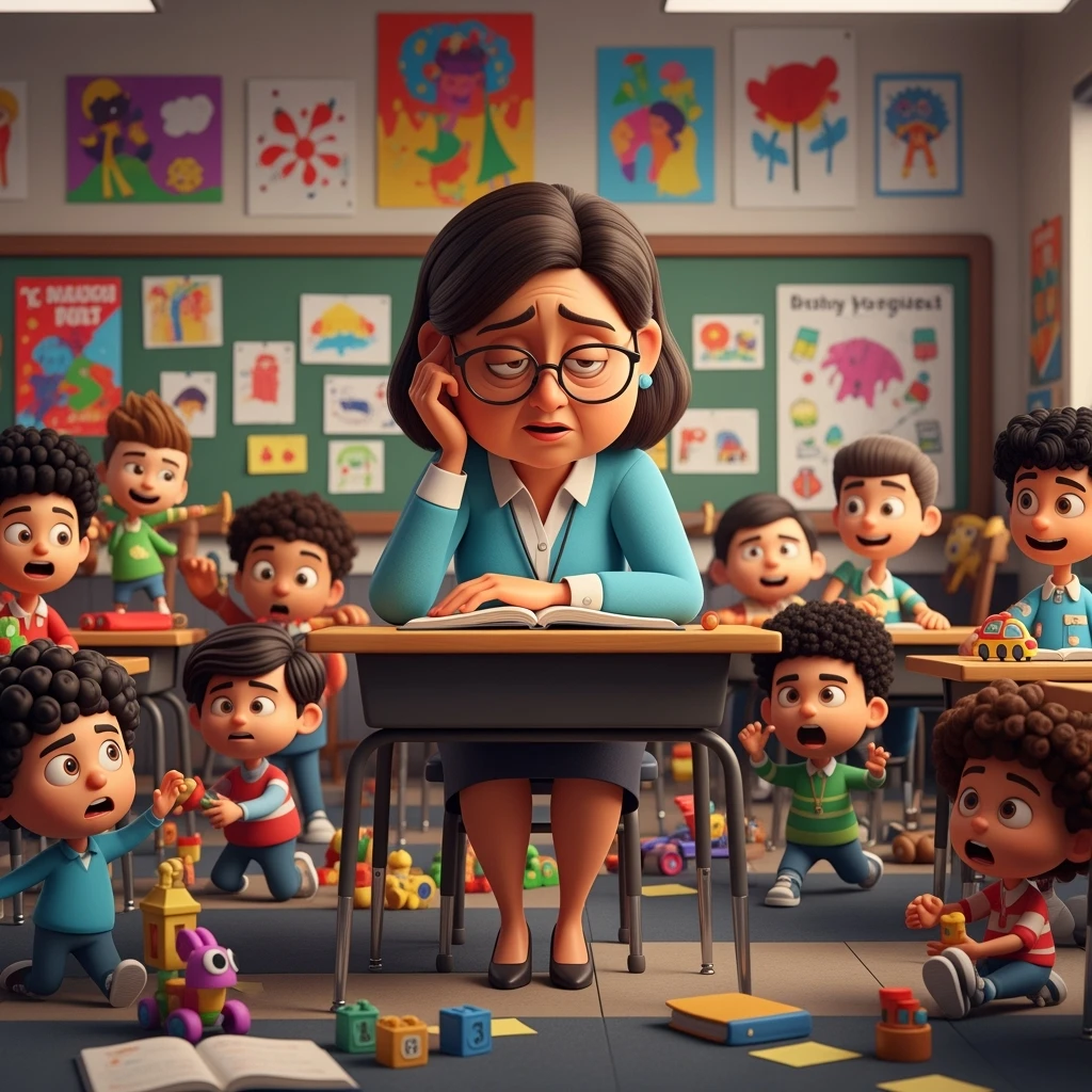 3d cartoon art of a exhausted teacher in a bustling classroom emoji