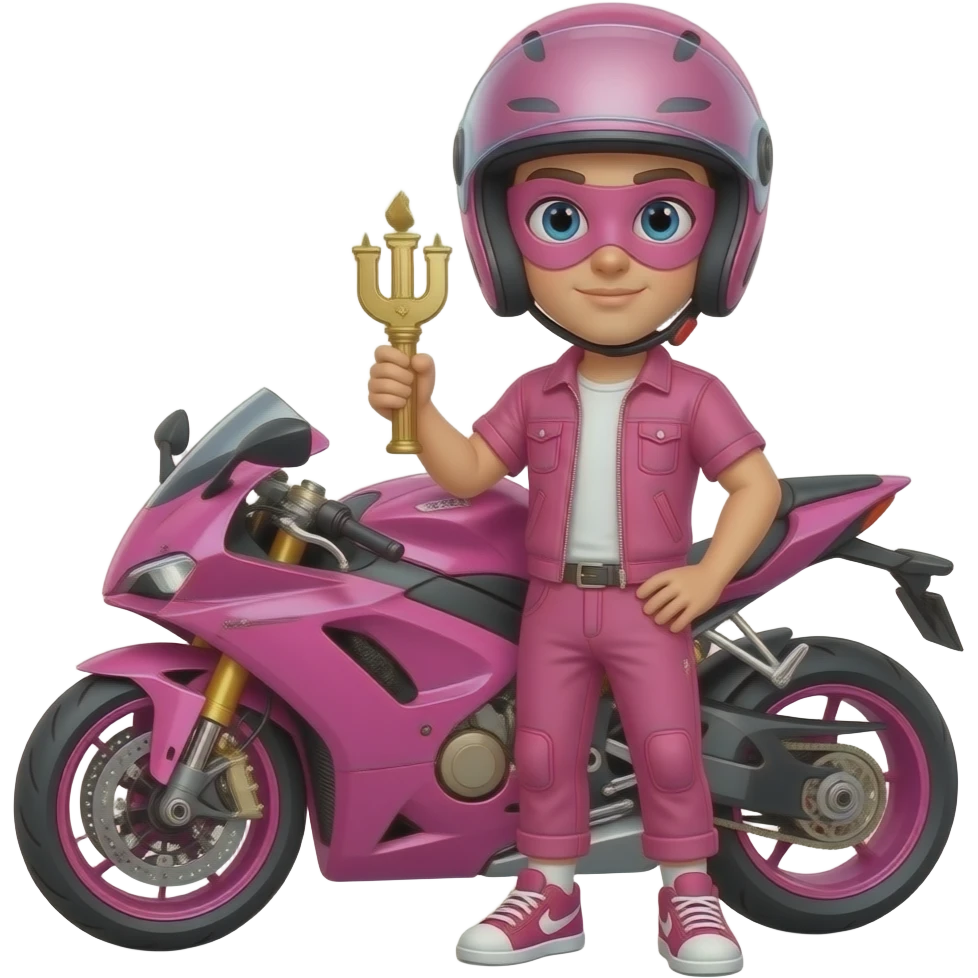 sexy boy with a motorcycle helmet in pink clothes and a pink motorcycle wearing a pink mask holding a ROMAN sign emoji