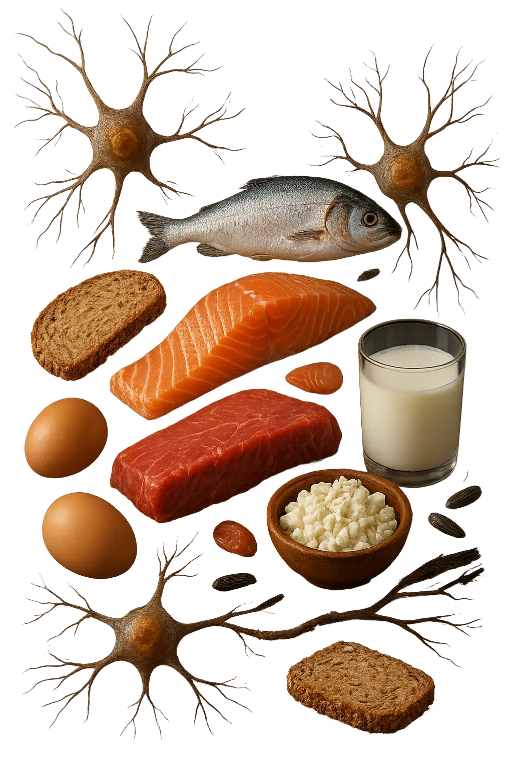 carne, pesce, uova, latticini, cereali integrali fluttuano in aria insieme a neuroni umani anatomici realistici, iperrealistici 4k emoji