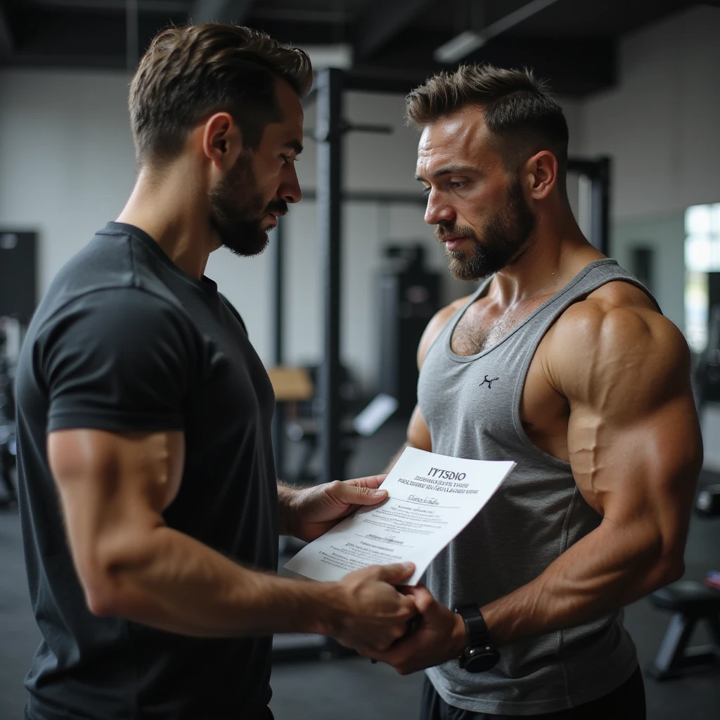 Bodybuilding coach explaining the protocol to an athlete, holding a sheet with readable text: 'Ciclo base: testosterone enantato 250 mg/settimana, 8 settimane, tamoxifene 10 mg/die.' Gym environment, professional atmosphere, hyperrealistic 4K details. emoji