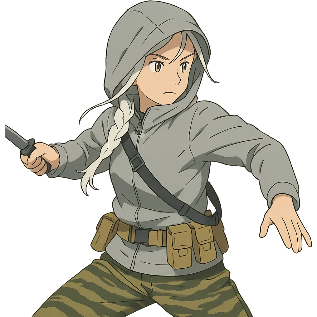1 female, mid-20's  white hair long braid, gold yellow eyes, light gray rainproof waterproof tactical jacket, hood up, tight-fitting single point sling, tan mag pouches on belt rig, tiger stripe camo pants, holding a combat blade, striking, swinging emoji