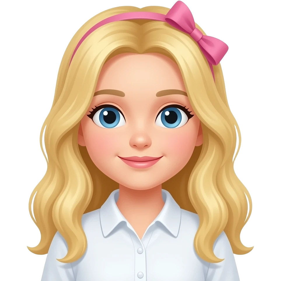 una chica con el pelo rubio y largo la camisa de color blanco y un laso rosa el el pelo emoji