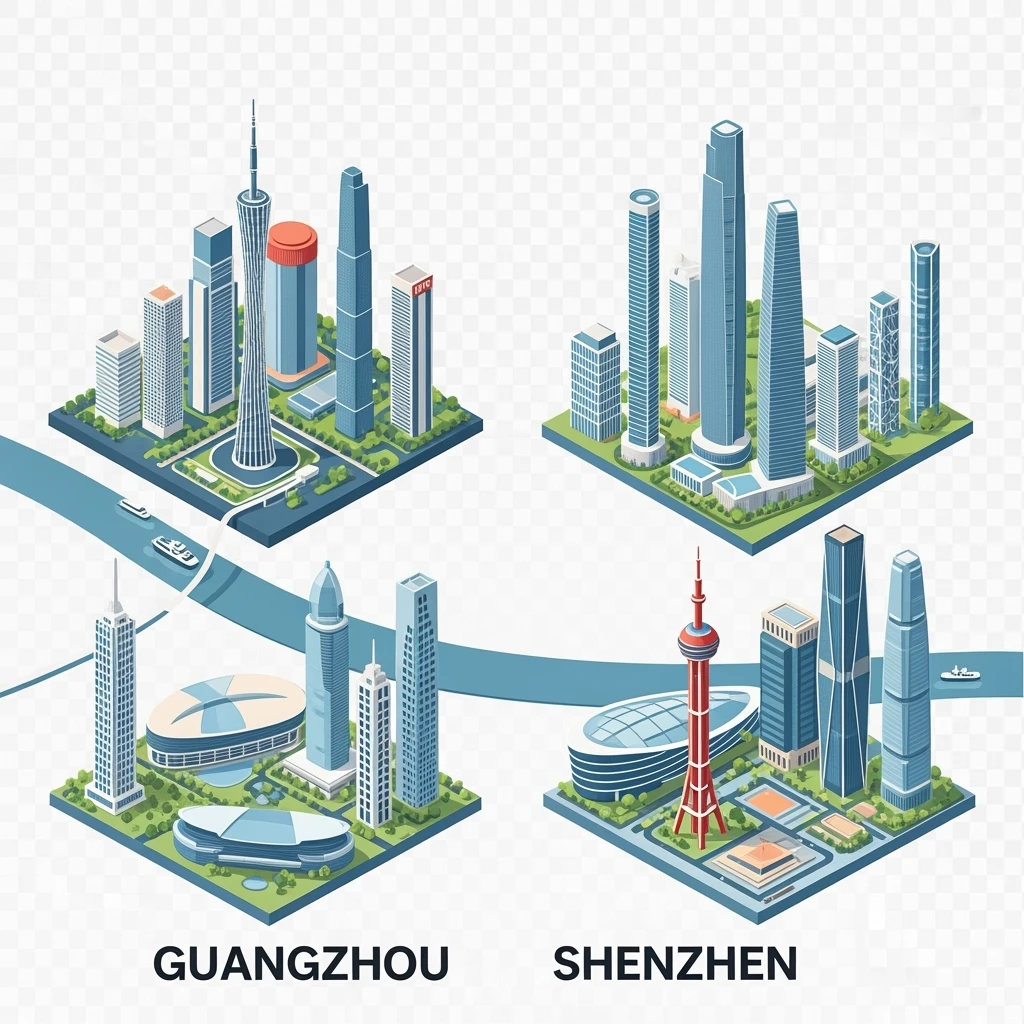 Isometric minimalistic illustration of Guangzhou and Shenzhen, subtle 3D miniature effect and Tilt Shift effect, no cartoonish look, transparent background. emoji