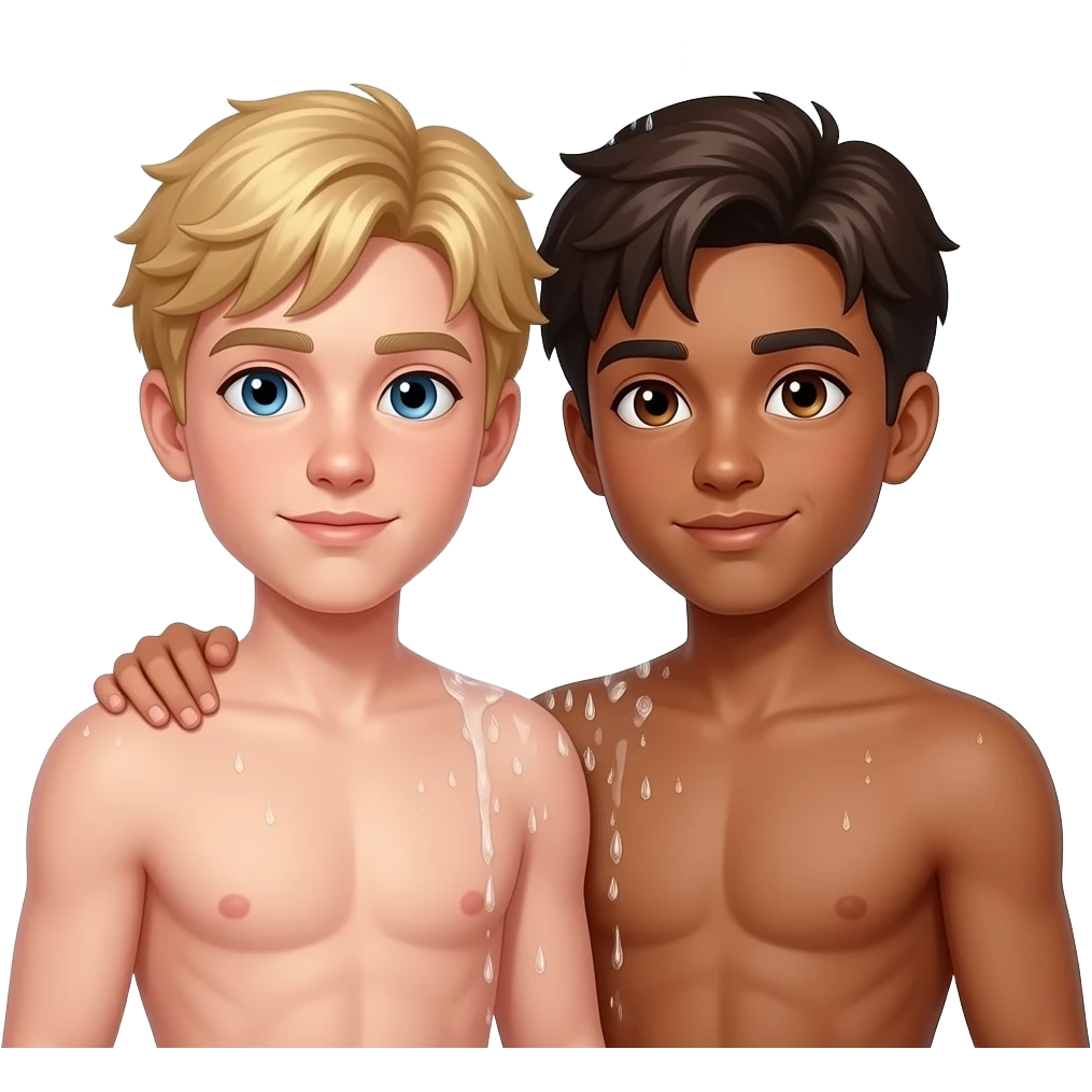 Make a young gay teen couple on a Date , one has light Skin with Blond Hair and Blue Eyes, the other one has slightly brown skin witz dark Brown Hair and Brown Eyes. They are nude together in the shower. emoji
