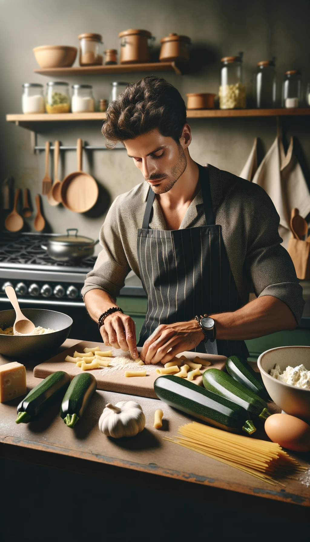 uomo con capelli corti con grembiule nero che cucina una ricetta con zucchine, gnocchi e ricotta, cucina sfocata sullo sfondo emoji