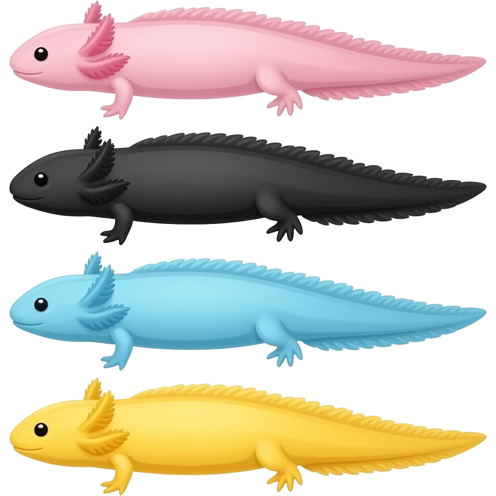 4 axolotl one pink one boack one blue one yellow emoji