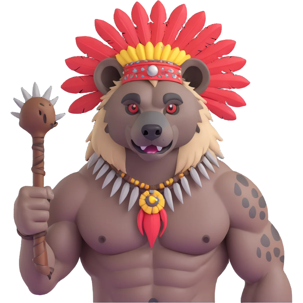 A native strong buff hyena with war bonnet flexing posing full body holding a chopped off human head by the hair  emoji