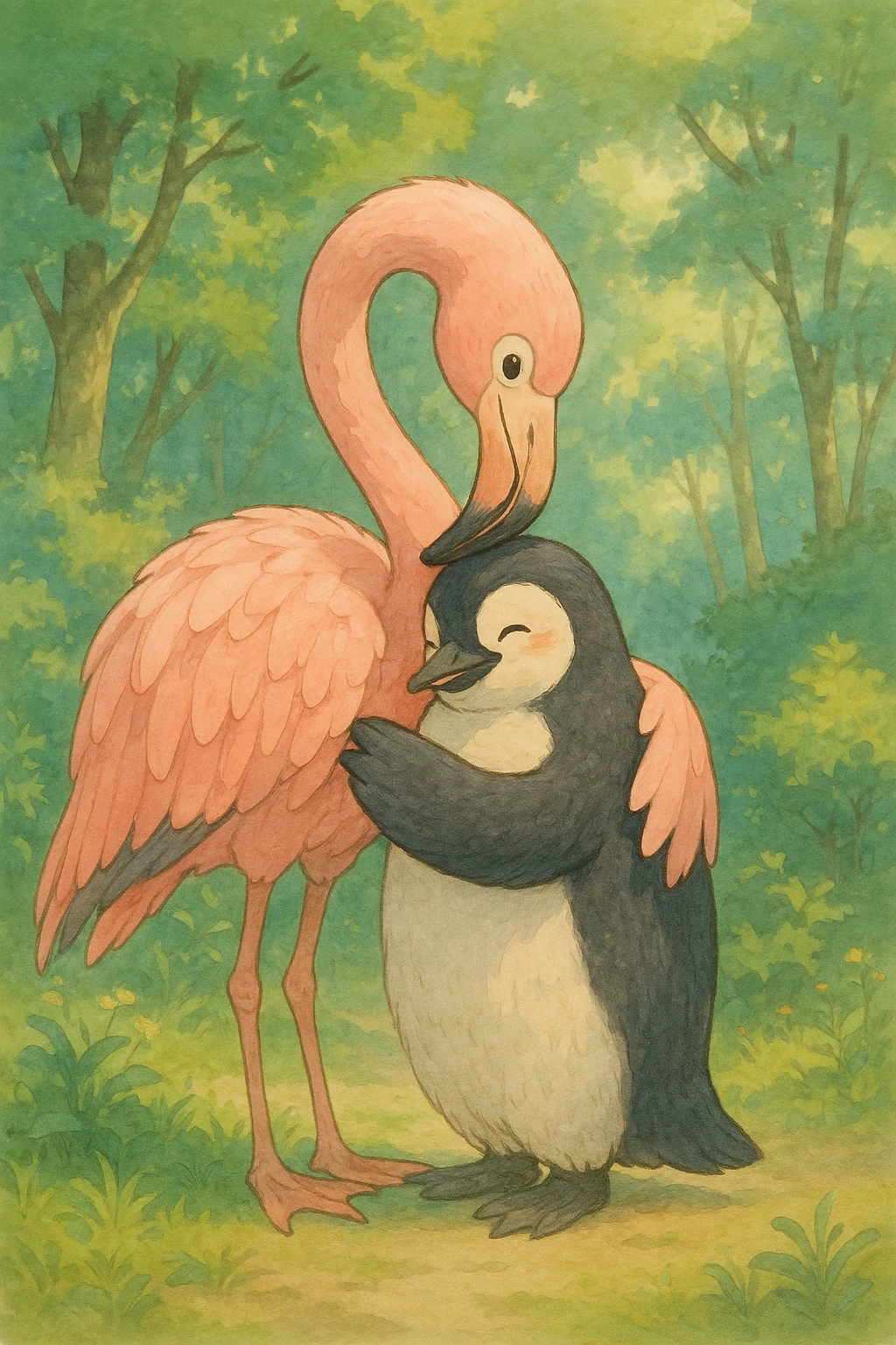 a flamingo hugging a penguin emoji