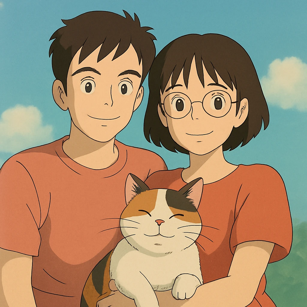 couple with pet posing for photo emoji