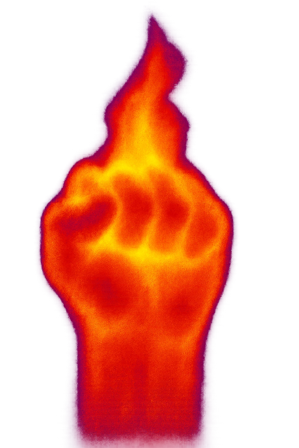 a fist engulfed in flames, thermal camera style, intense heatmap colors, fiery energy emoji