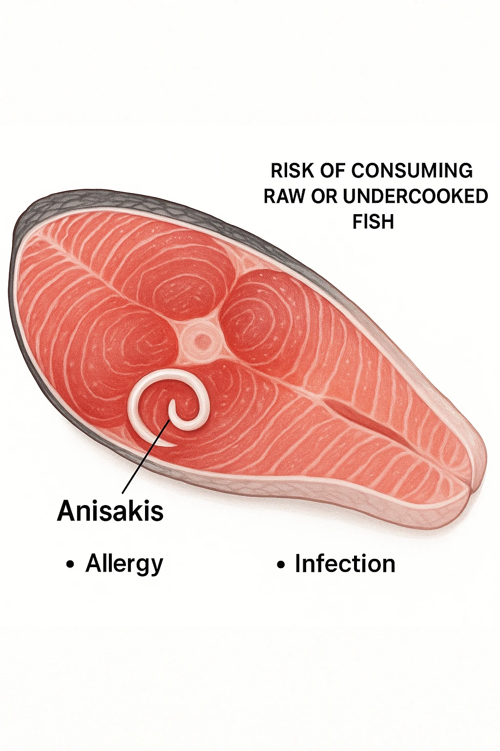 a close-up cross-section of a raw fish fillet, showing a white, coiled Anisakis parasite embedded in the muscle tissue. The parasite is clearly labeled, and the surrounding fish tissue is rendered in detail. The background is clean and white, with educational callouts explaining the risk of consuming raw or undercooked fish. emoji