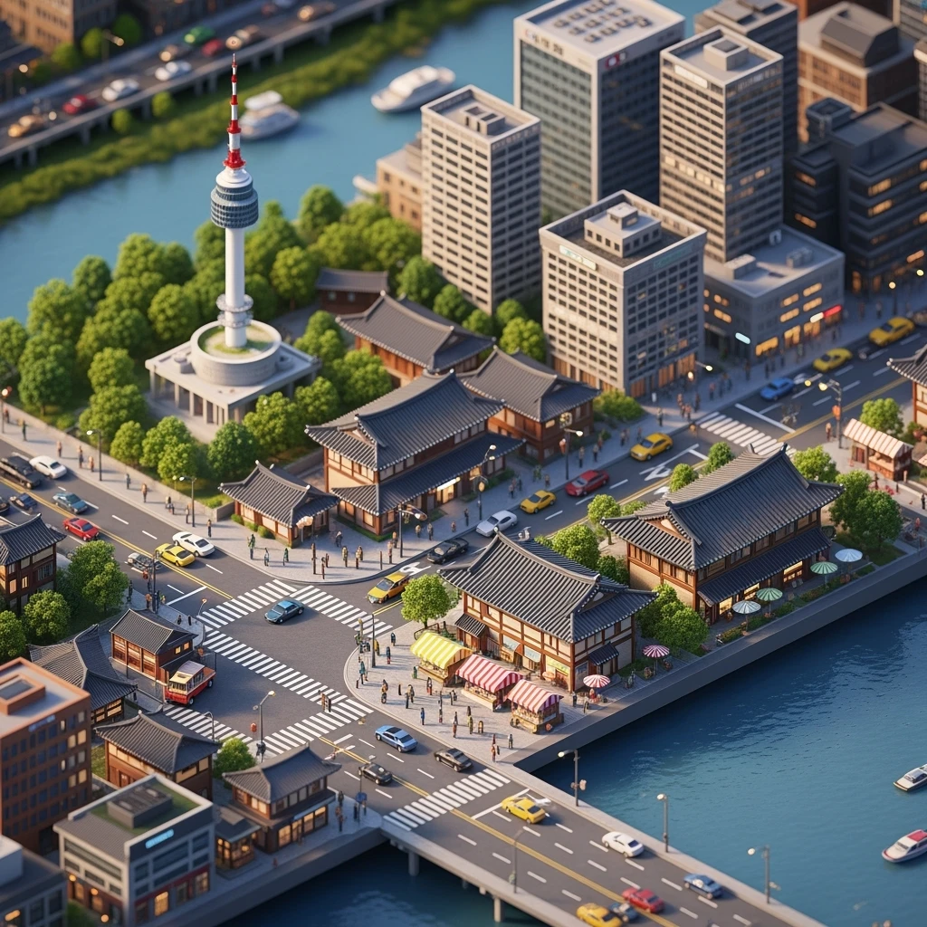 Isometric miniature of Seoul atmosphere of the city 3D miniature effect and Tilt Shift effect, no cartoonish look, transparent background. emoji