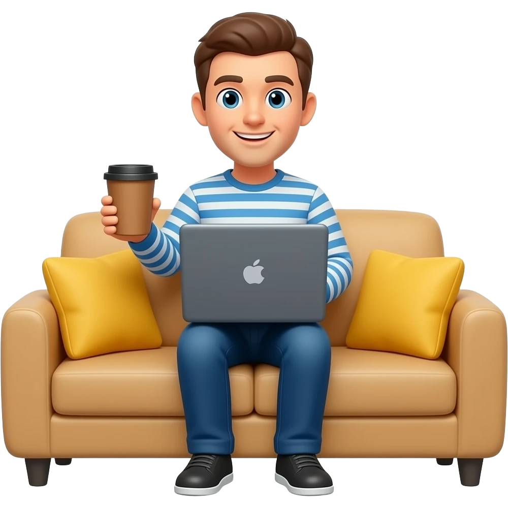 working from home in the sofa כקצשךקcomputer and cup of coffoe emoji