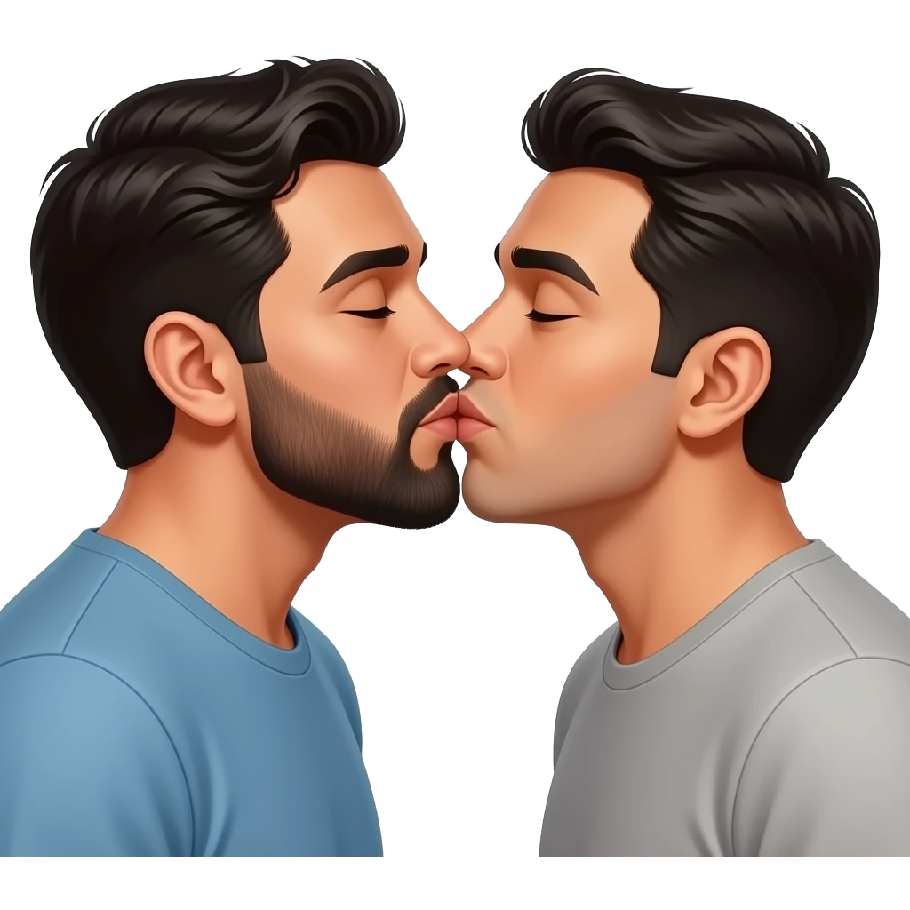 Two realistic Latino men with beards kissing passionate emoji