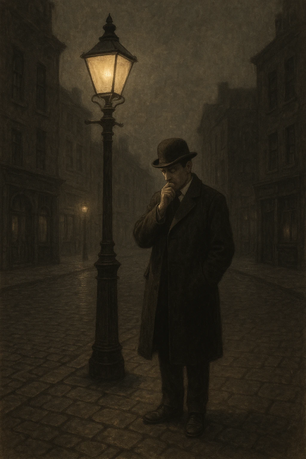 a man in a bowler hat and overcoat, pausing under a streetlamp, pondering existence, early 1900s city scene, moody atmosphere emoji