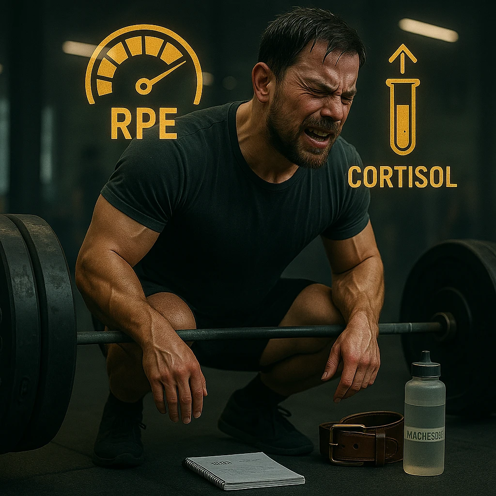 Add floating icons above the subject's head showing high RPE and elevated cortisol, in cinematic style with the same color palette. emoji
