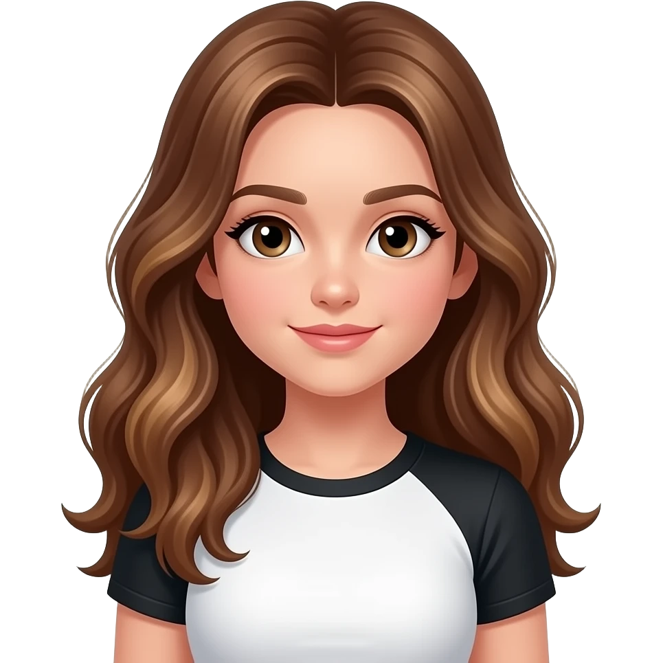 a 13 year old girl long pretty wavy brown hair light brown highlights half litina black white tight shirt emoji