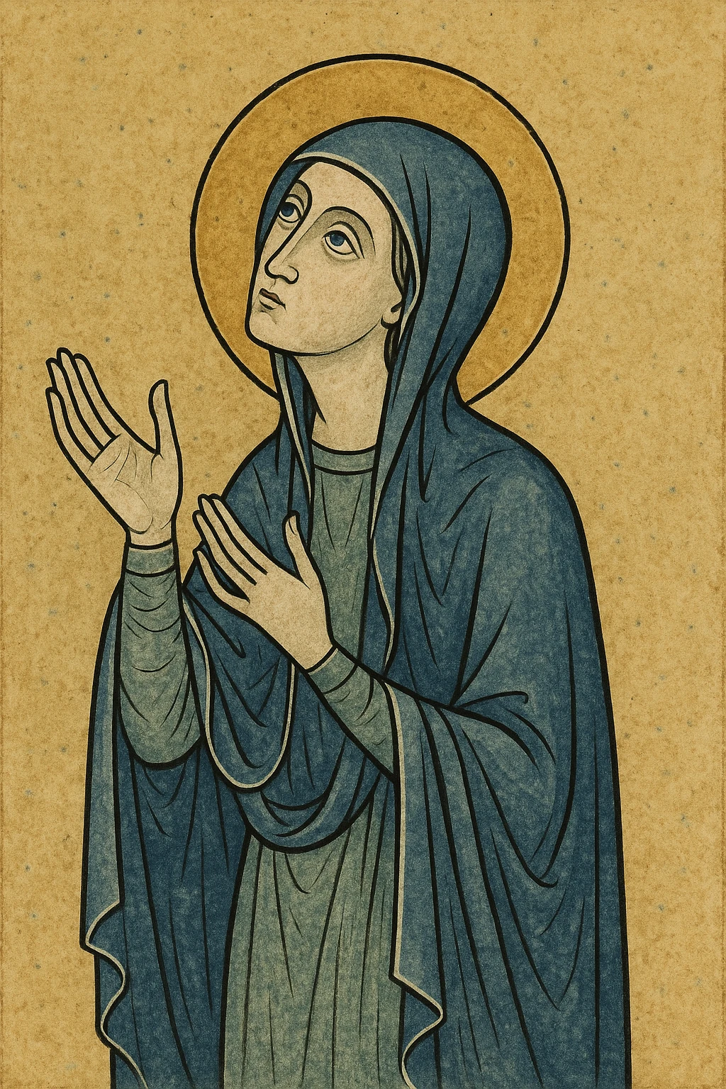 Vierge Marie, style médiéval, auréole dorée, manteau bleu, regard vers le ciel, fond doré emoji