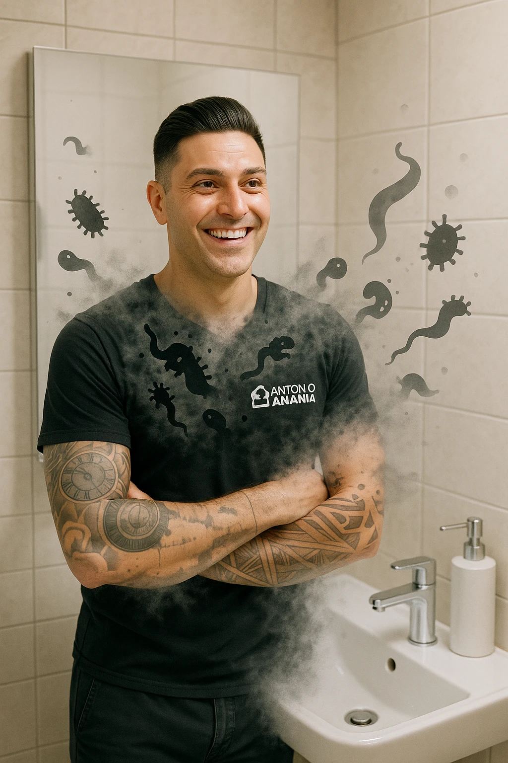 a man stands in a brightly lit bathroom, looking relieved and revitalized as he examines his reflection in the mirror. In the foreground, stylized, shadowy images of parasites (such as worms or protozoa) are shown leaving his body, dissolving into mist or fading away. His posture is upright and his expression is one of newfound energy and health. emoji