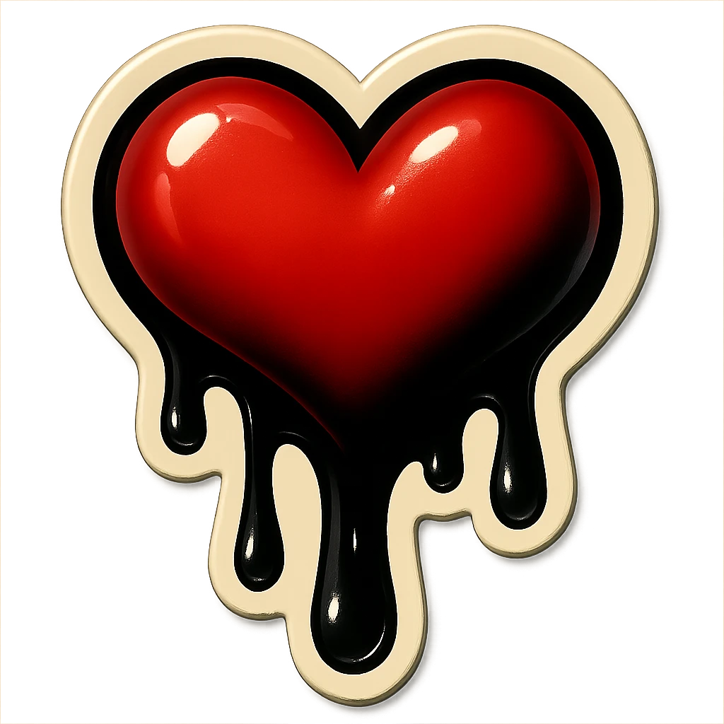 gothic heart with dripping black paint, retro stickers style emoji