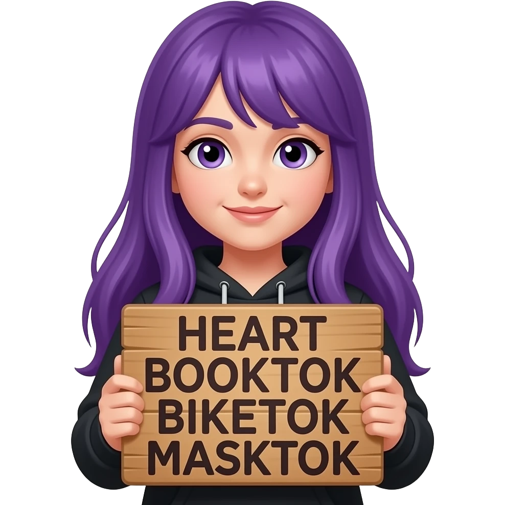 girl with long purple hair holding a HEART BOOKTOK BIKETOK MASKTOK sign emoji