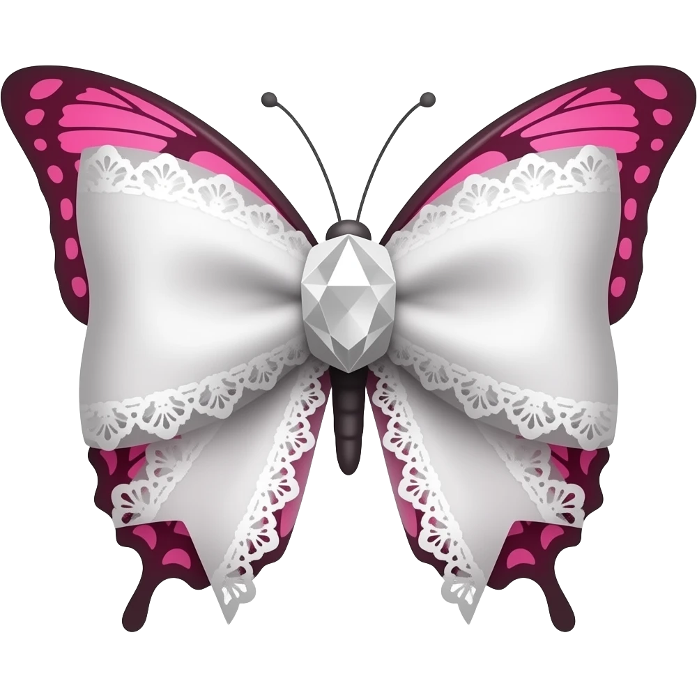 3D emoji gothic bow, white velvet, subtle gradient white filigree, subtle gradient pink lace trim, white gem, elegant butterfly vibrant pink emoji