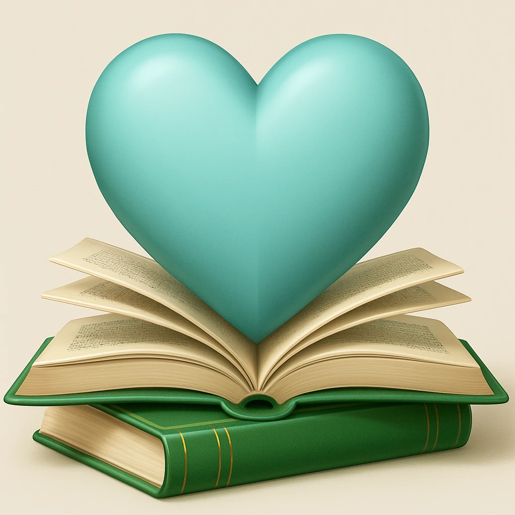 apple style emoji of a light blue heart with books, green colorway emoji