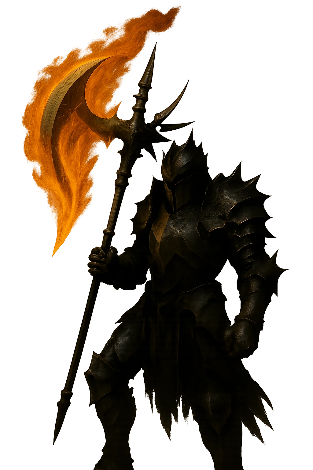 Remove the background, keep only the scary knight holding the super realistic flaming halbert, preserve all details. The style should remain consistent with the original image's realistic and detailed look. emoji