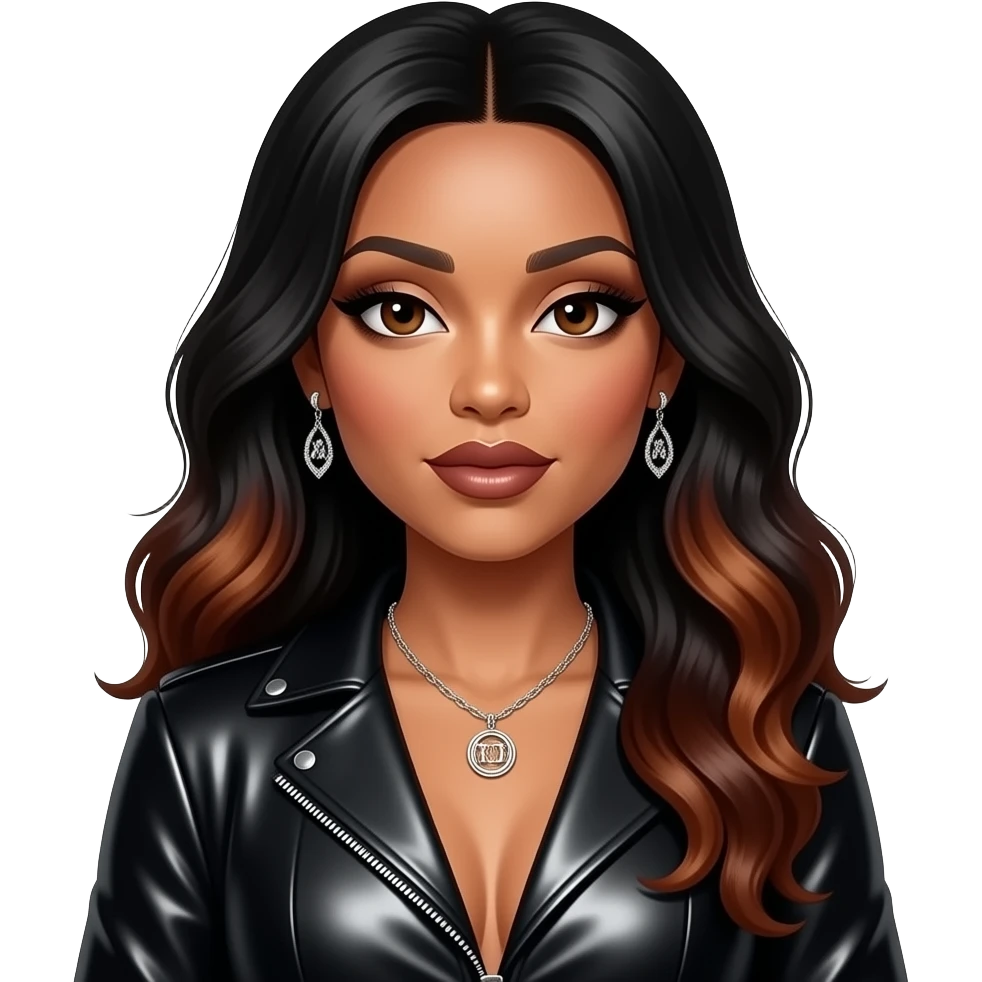 Aaliyah with dark brown eyes, long black hair with dark auburn ombre, dark brown eyeshadow and lipstick, black metallic R&B outfit, necklace and earrings emoji