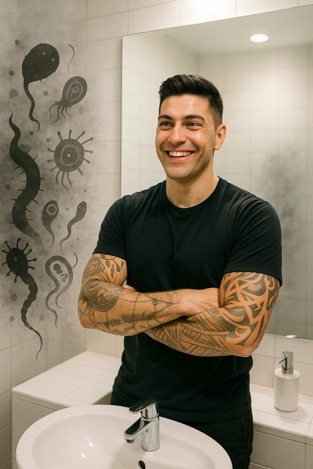 a man stands in a brightly lit bathroom, looking relieved and revitalized as he examines his reflection in the mirror. In the foreground, stylized, shadowy images of parasites (such as worms or protozoa) are shown leaving his body, dissolving into mist or fading away. His posture is upright and his expression is one of newfound energy and health. emoji