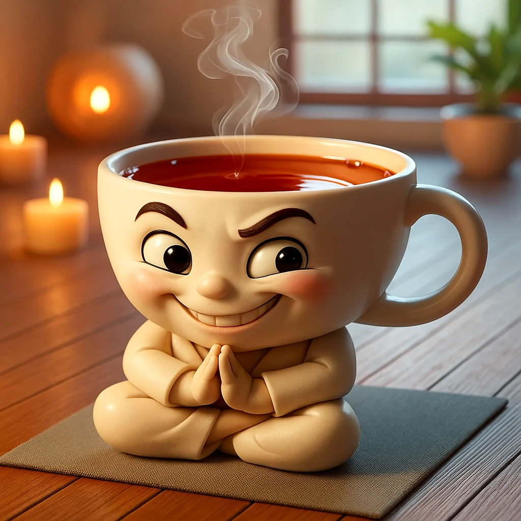 Focus on the face of the teacup character and give it a playful, mischievous grin with one eyebrow raised and eyes open wide, keeping the same style and quality as the reference image. emoji