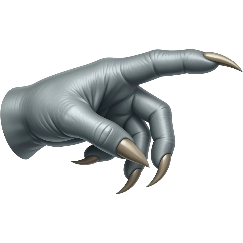 Demonic dark silver hand with long sharp dark ivory color claws attacking towards the right. Shift the perspective to a side profile to show the curvature and length of the claws more clearly. emoji