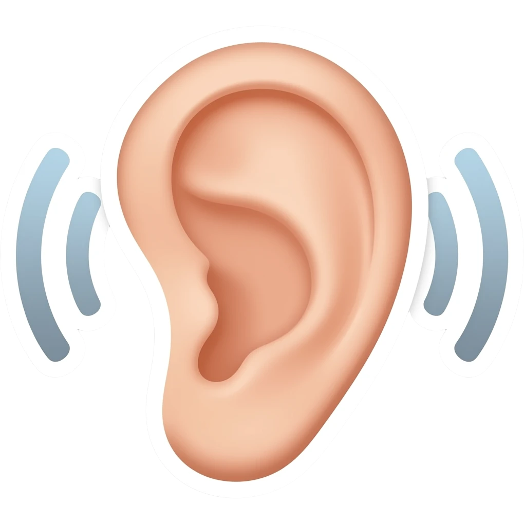 Simple and minimalistic sticker of an ear with a soft sound wave coming in white outline, smooth gradients or solid colours emoji