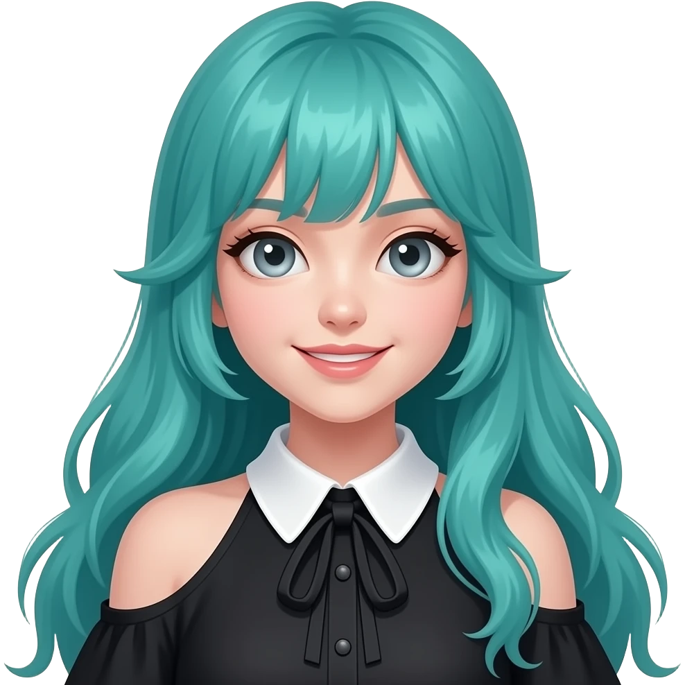 girl, happy, long flowing teal hair, grey eyes, black shoulder cyberpunk blouse with fancy white collar emoji