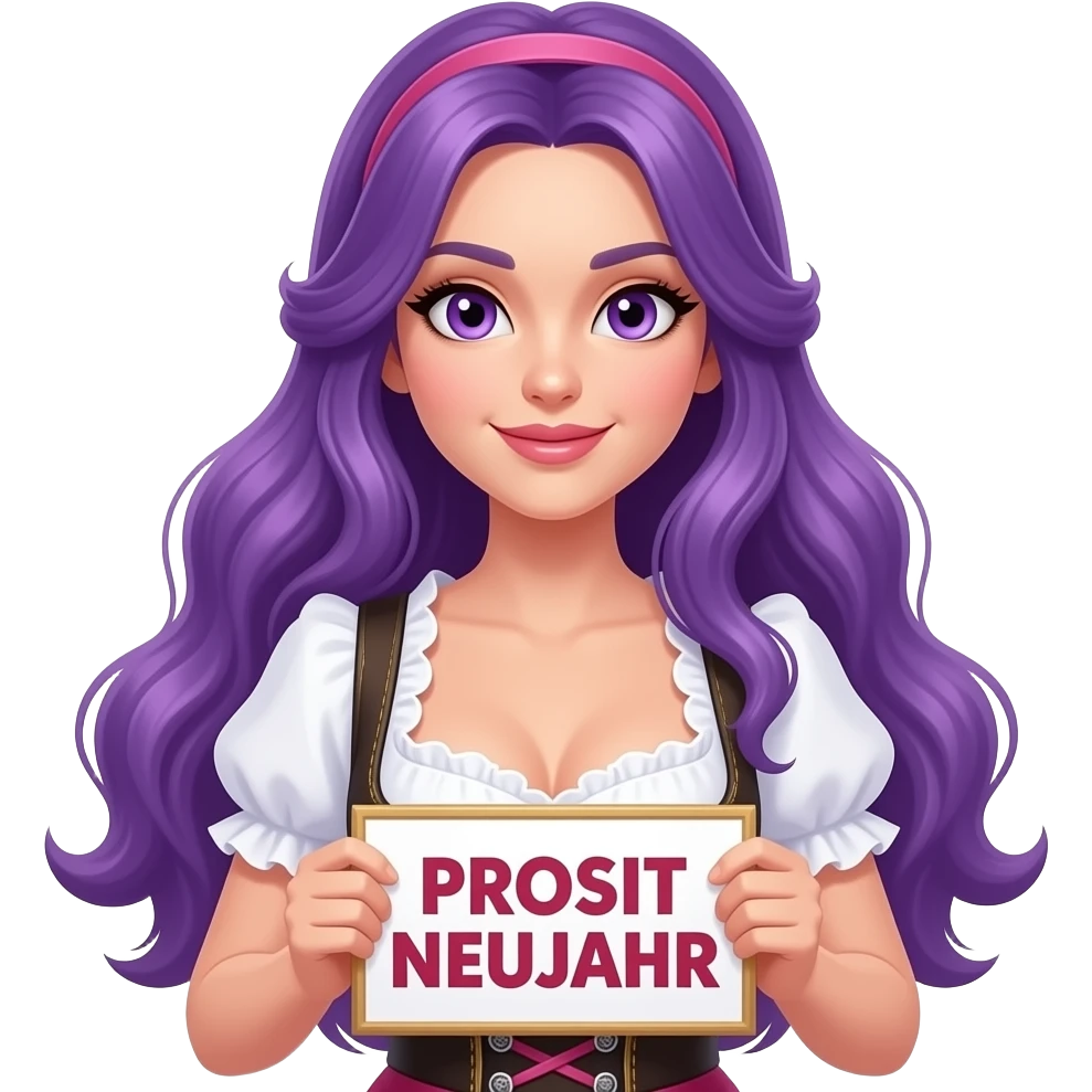 sexy girl with long purple hair and purple eyes wearing a dirndl holding a PROSIT NEUJAHR sign emoji