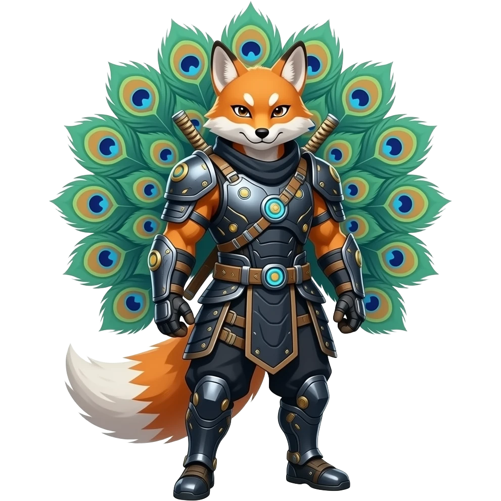 A kitsune peacock, styled like an IT techninja emoji