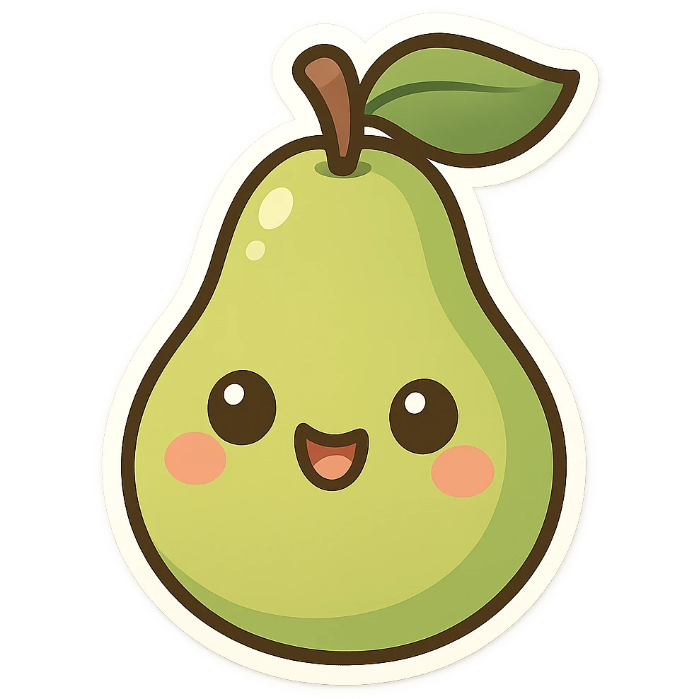 chibi sticker-style pear with a smiling face, cute and exaggerated emoji