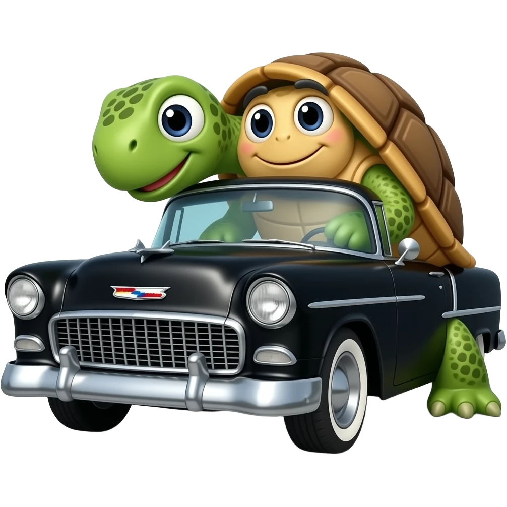 turtle driving black 1955 chevy 3/4 view emoji