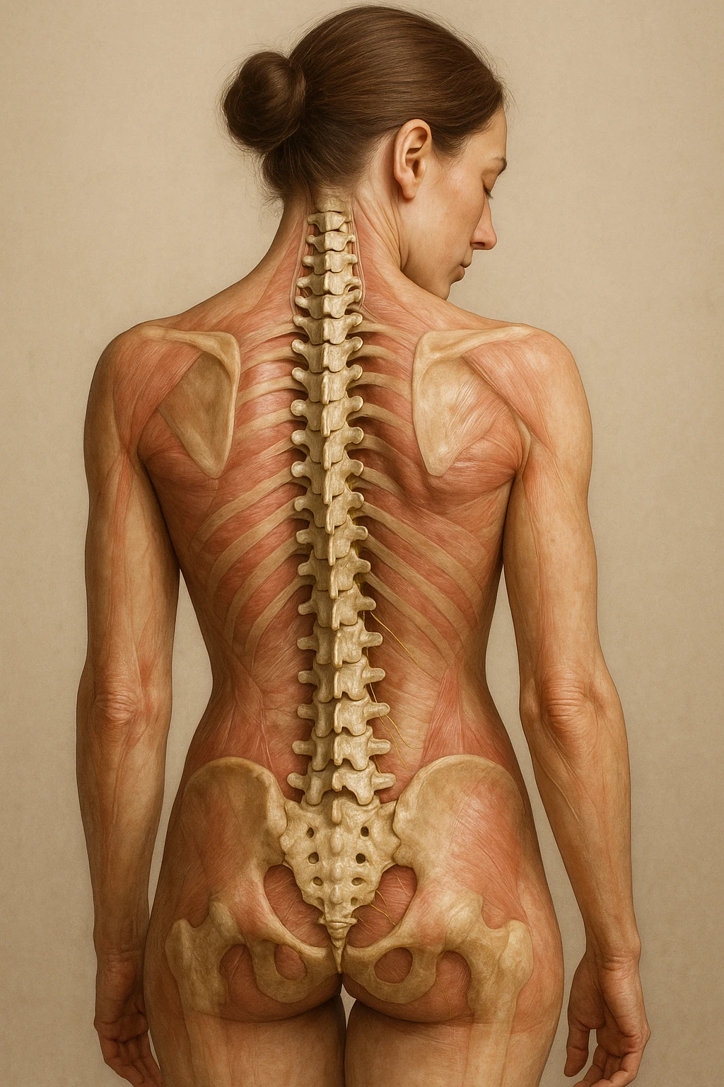 CORPO UMANO ANATOMICO di una donna con spalle chiuse e postura incurvata, spina dorsale in evidenza, IPERREALISTICO 4K emoji