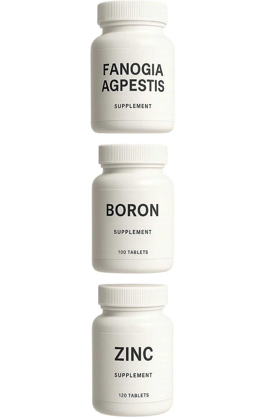 4 boccette di integratore: Tongkat Ali, Fadogia Agrestis, Boron e Zinco fluttuano in aria verticalmente emoji