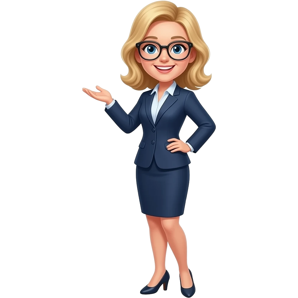 crear con cuerpo entero tipo maestra con lentes mujer con cabello rubio y risado al hombro emoji