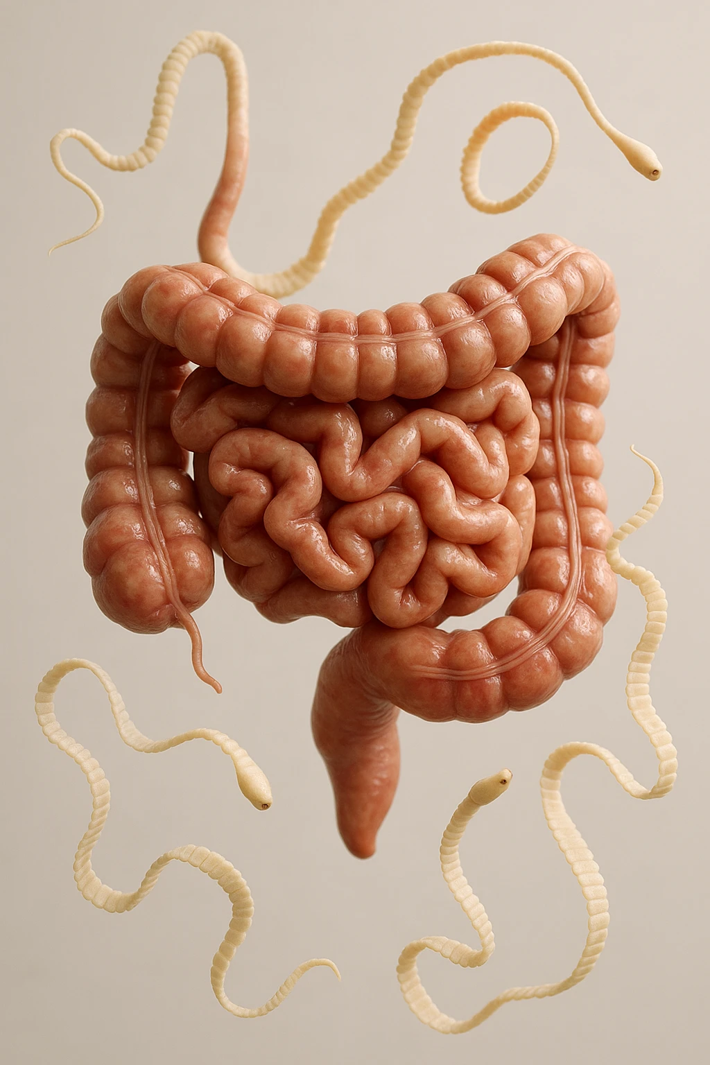 INTESTINO UMANO ANATOMICO REALISTICO FLUTTUA IN ARIA INSIEME A PARASSITI COME LA TENIA, SFONDO CHIARO, iperrealistico 4k emoji