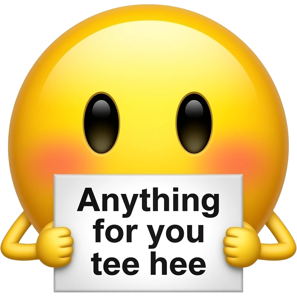 Yellow smiley blushing holding up a sign sign that says "anything for you tee hee" emoji