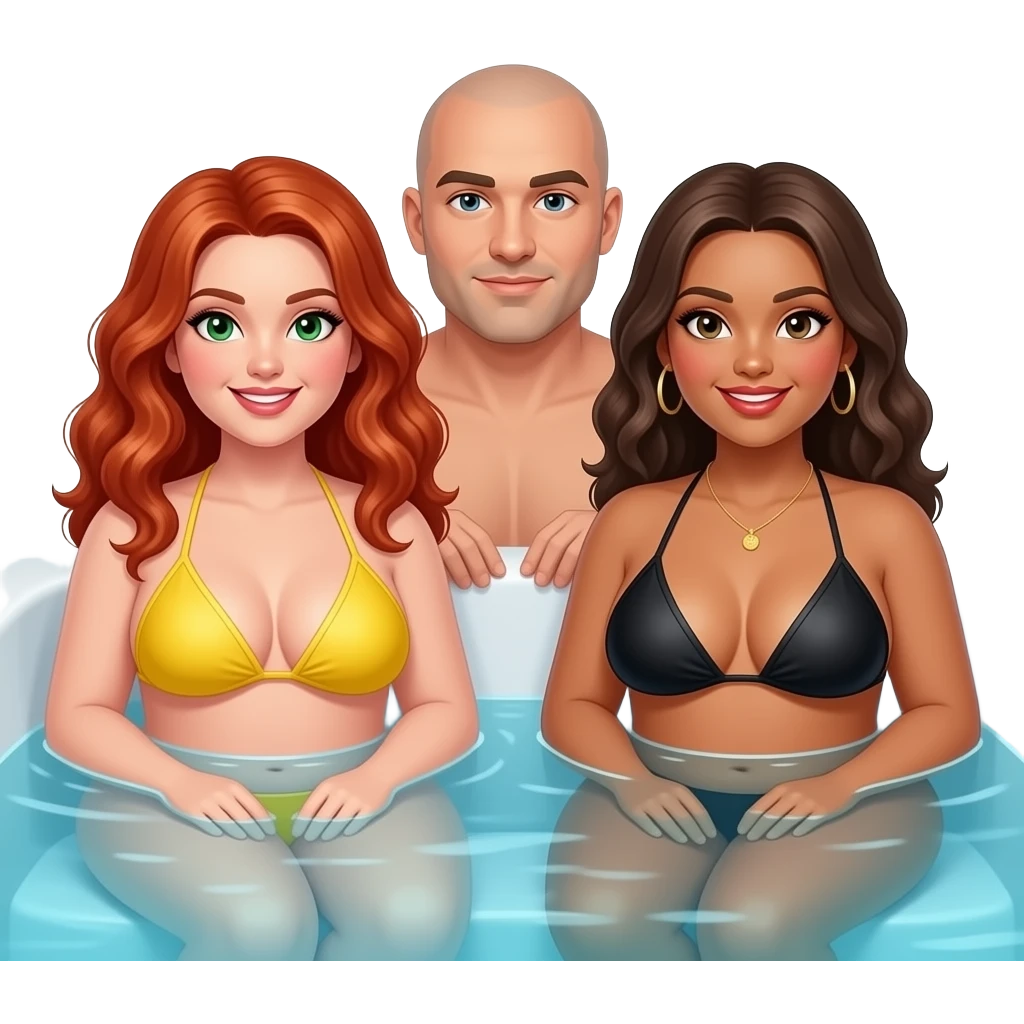 2 very curvy women, 1 redhead with long curly hair, green eyes in a yellow bikini, 1 brunette with black bikini,  and 1 man bald with light goatee, sitting  in a hot tub emoji