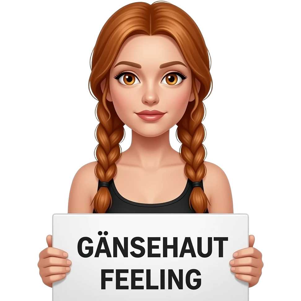 sexy girl with long ginger braids and ginger eyes wearing a black tanktop and is holding a white sign with GÄNSEHAUT FEELING written on it emoji