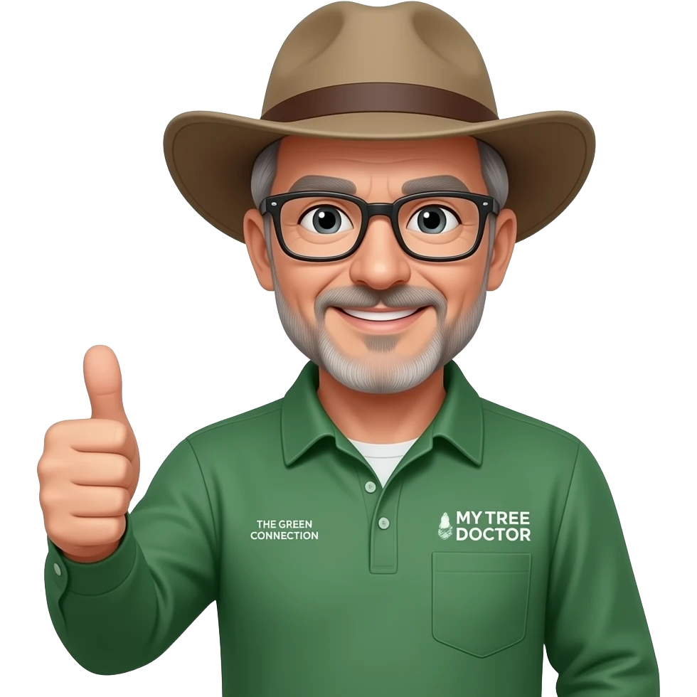 middle-aged man with only a little grey hair. Dark-rimmed rectangle glasses, in a green-collared, long-sleeve shirt.  Flatter wide-brim Akubru hat. Giving a thumbs up. Insert 'THE GREEN CONNECTION' in white directly onto the left pocket & onto the right pocket, place 'MY TREE DOCTOR' emoji