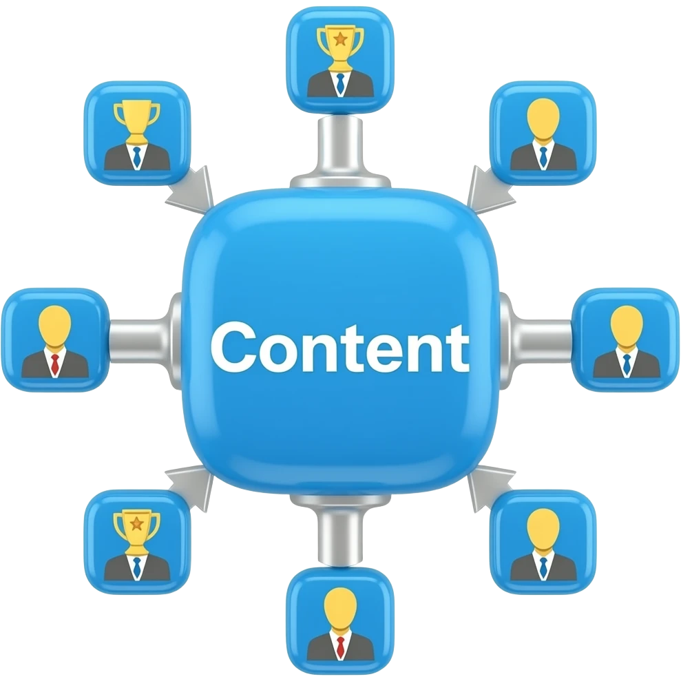 Apple emoji style, a 3D stylized icon of a central 3D blue box symbolizing 'Content', from which sleek silver connecting links and arrows systematically extend outward, leading to multiple smaller success icons. Symbolizing 'continuous value creation' through strategic use. emoji