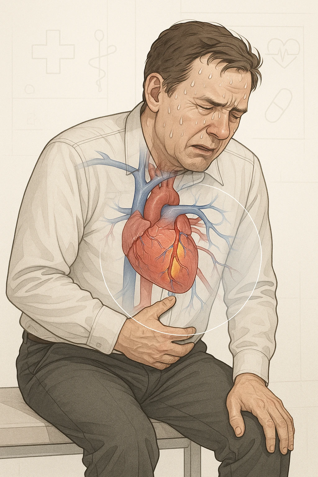 a middle-aged man sits on a bench, clutching his chest with a pained expression. His face is pale and sweaty, and his posture is hunched forward. A transparent overlay reveals his heart and major blood vessels, with highlighted areas indicating blockages or damage. The background is clean and clinical, with subtle medical icons. emoji