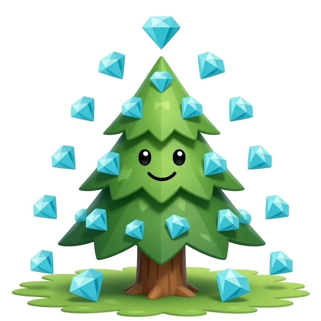 pine tree with a happy face, full of Minecraft diamonds, with diamond blocks falling from above emoji